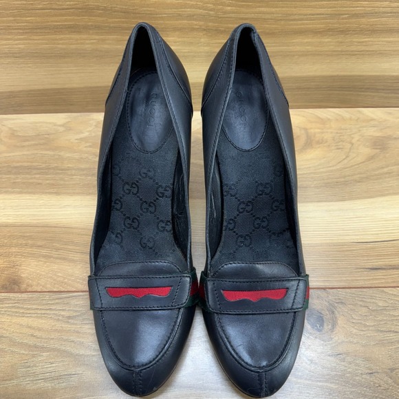 GUCCI Web Y2K Pumps 10 Black Leather Slip On Heels - Picture 1 of 11
